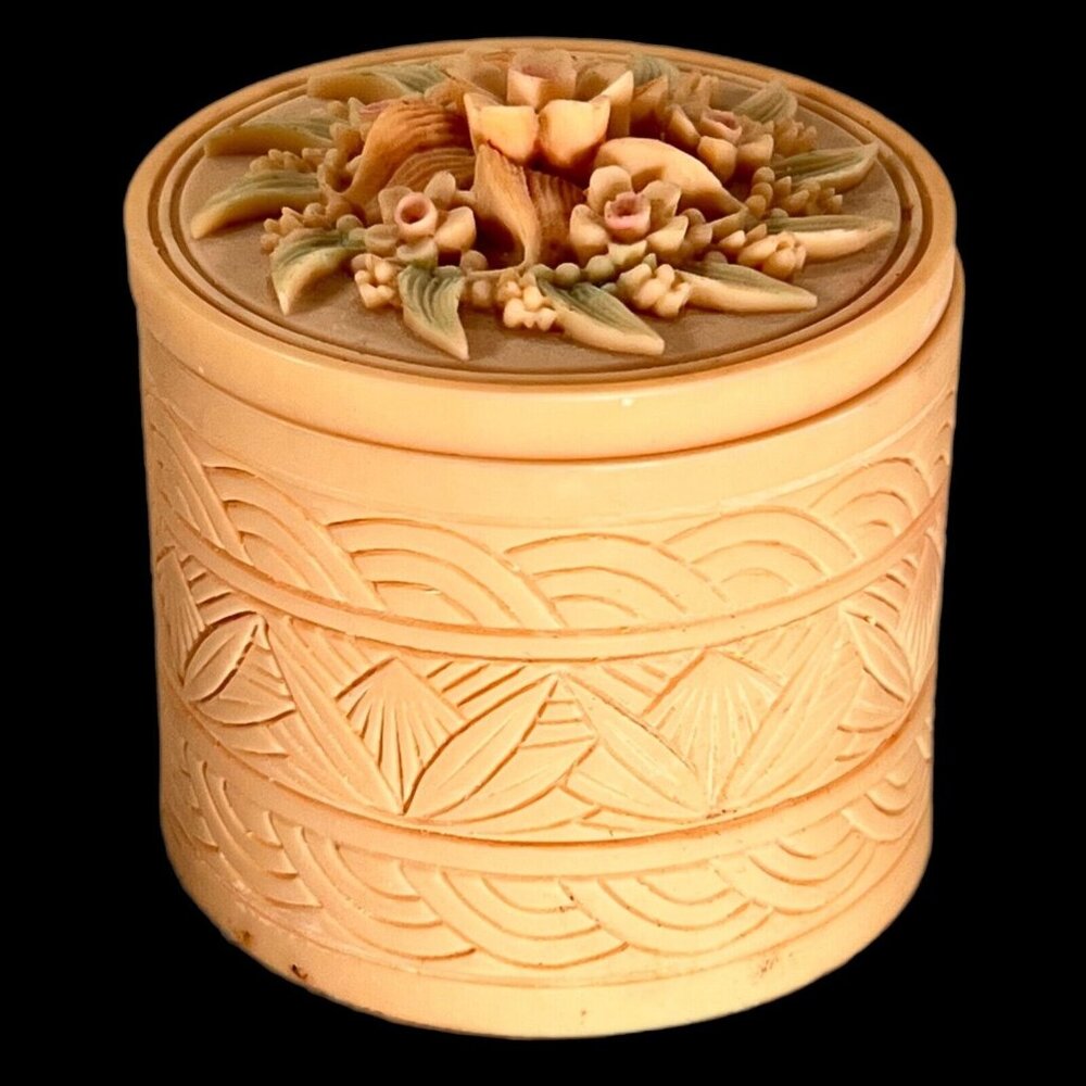 Vintage Mid Wales Carved Floral Trinket Box Round Lid Handcrafted